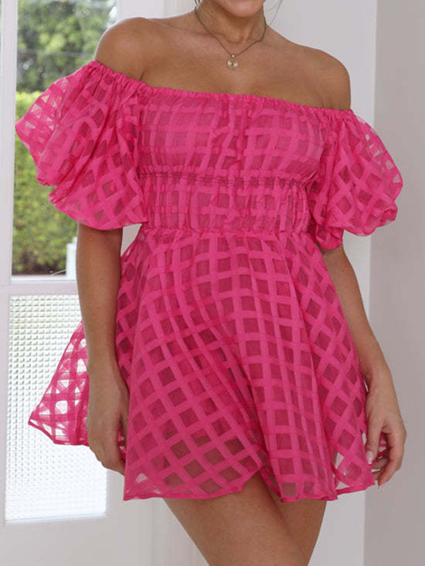 High Waisted Loose Elasticity Solid Color Split-Joint Off-The-Shoulder Mini Dresses