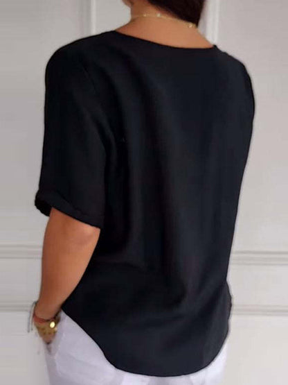 Loose Short Sleeves Buttoned Solid Color Split-Joint Round-Neck Blouses&Shirts Tops