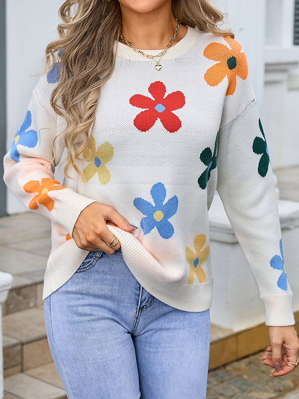 Long Sleeves Loose Knitted Flower Split-Joint Round-Neck Pullovers Sweater Tops