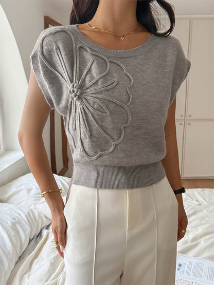 Short Sleeves Flower-Embellished Solid Color Split-Joint One-Shoulder Sweater Tops