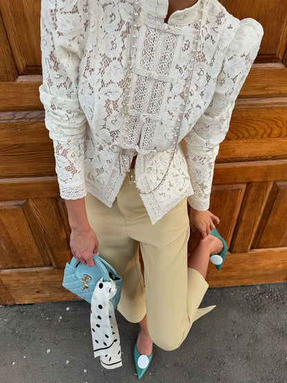 Long Sleeves Crochet Hollow Knot Solid Color Split-Joint Stand Collar Blouses&Shirts Tops
