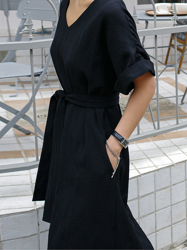 A-Line Loose Hollow Solid Color Split-Side Tied Waist V-Neck Midi Dresses