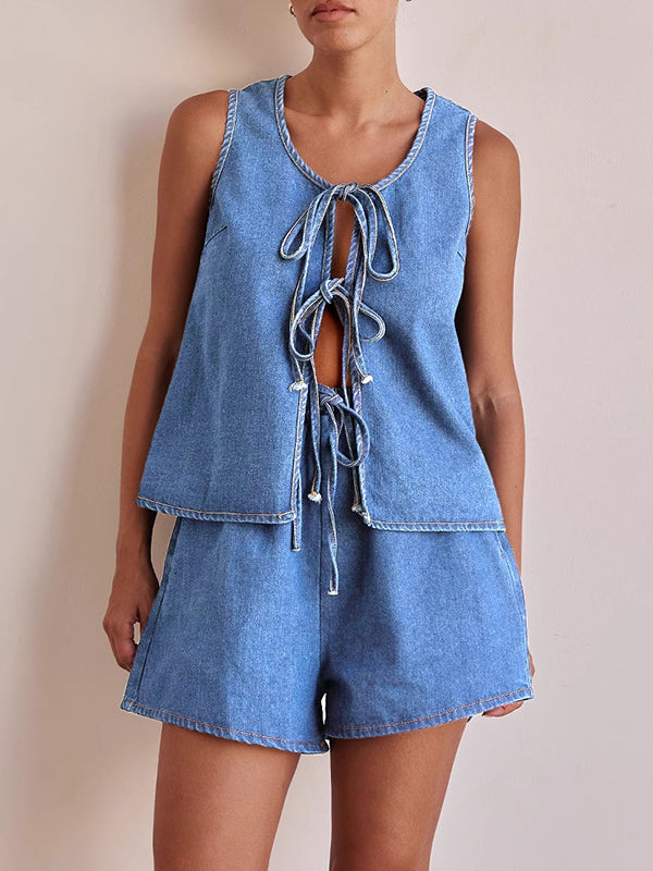 Loose Sleeveless Lace-Up Split-Joint Round-Neck Vest Top