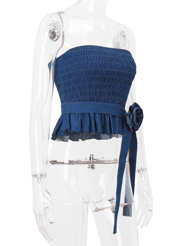 Skinny Sleeveless Elasticity Pleated Ruffled Three-Dimensional Flower Tied Waist Tube Vest Top