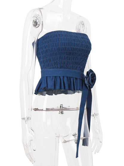 Skinny Sleeveless Elasticity Pleated Ruffled Three-Dimensional Flower Tied Waist Tube Vest Top