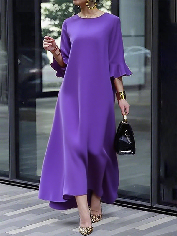 A-Line Flared Sleeves Solid Color Zipper Round-Neck Maxi Dresses