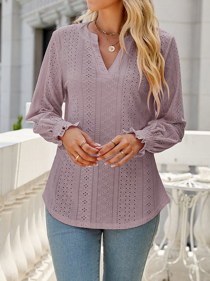 Long Sleeves Loose Elasticity Hollow Solid Color V-Neck T-Shirts Tops