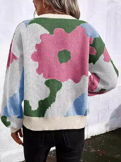 Loose Puff Sleeves Asymmetric Knitted Flower Split-Joint Round-Neck Sweater Tops