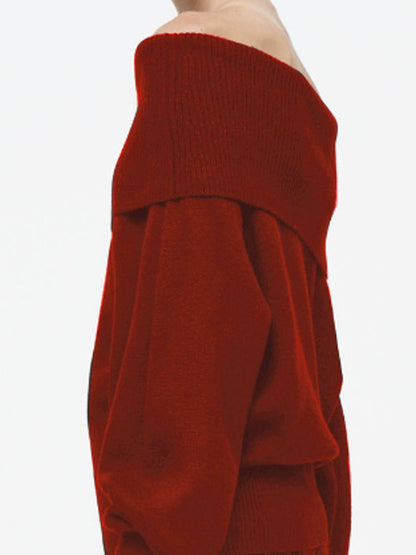 Long Sleeves Loose Solid Color Off-The-Shoulder Sweater Tops