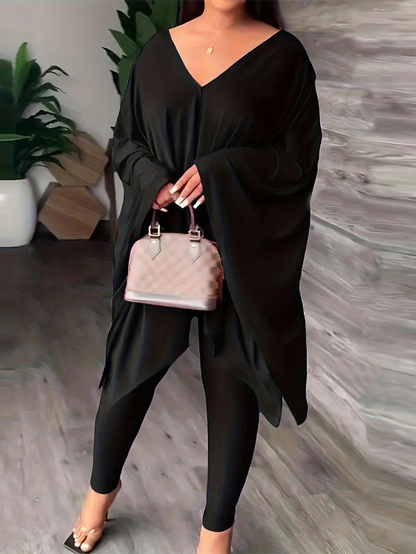 Batwing Sleeves Loose Solid Color V-Back V-Neck Shirts Tops&Pants Two Pieces Set