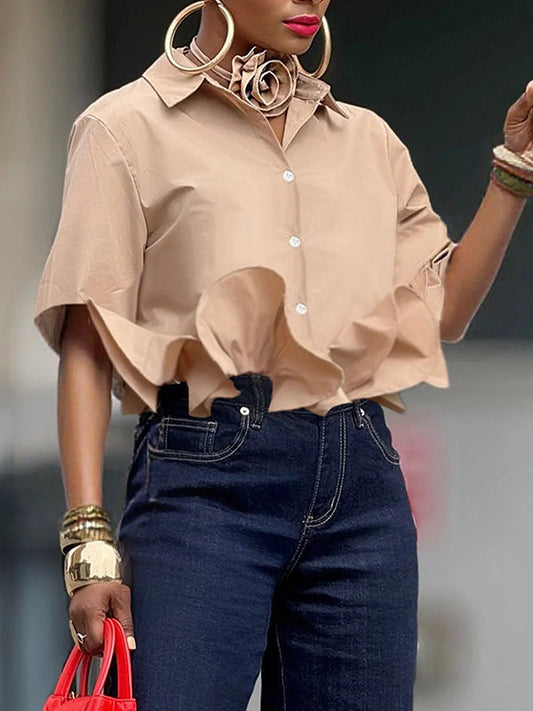 Loose Short Sleeves Ruffled Split-Joint Lapel Blouses