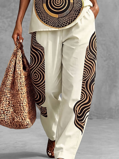 Printed Pockets Elasticity Contrast Color Wide Leg Loose Trousers Pants