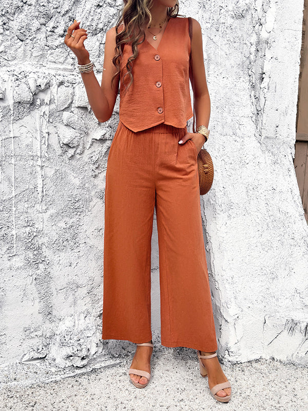 Loose Sleeveless Buttoned Solid Color V-Neck Vest Top + Pockets Elasticity Two Pieces Set
