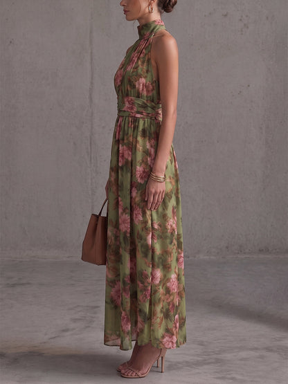 High Waisted Sleeveless Buttoned Flower Print Pleated Halter-Neck Maxi Dresses