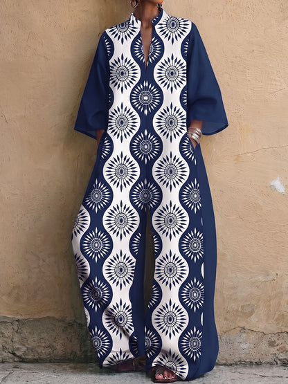 Printed Pockets Contrast Color Wide Leg Three-quarter Sleeves V-neck Jumpsuits