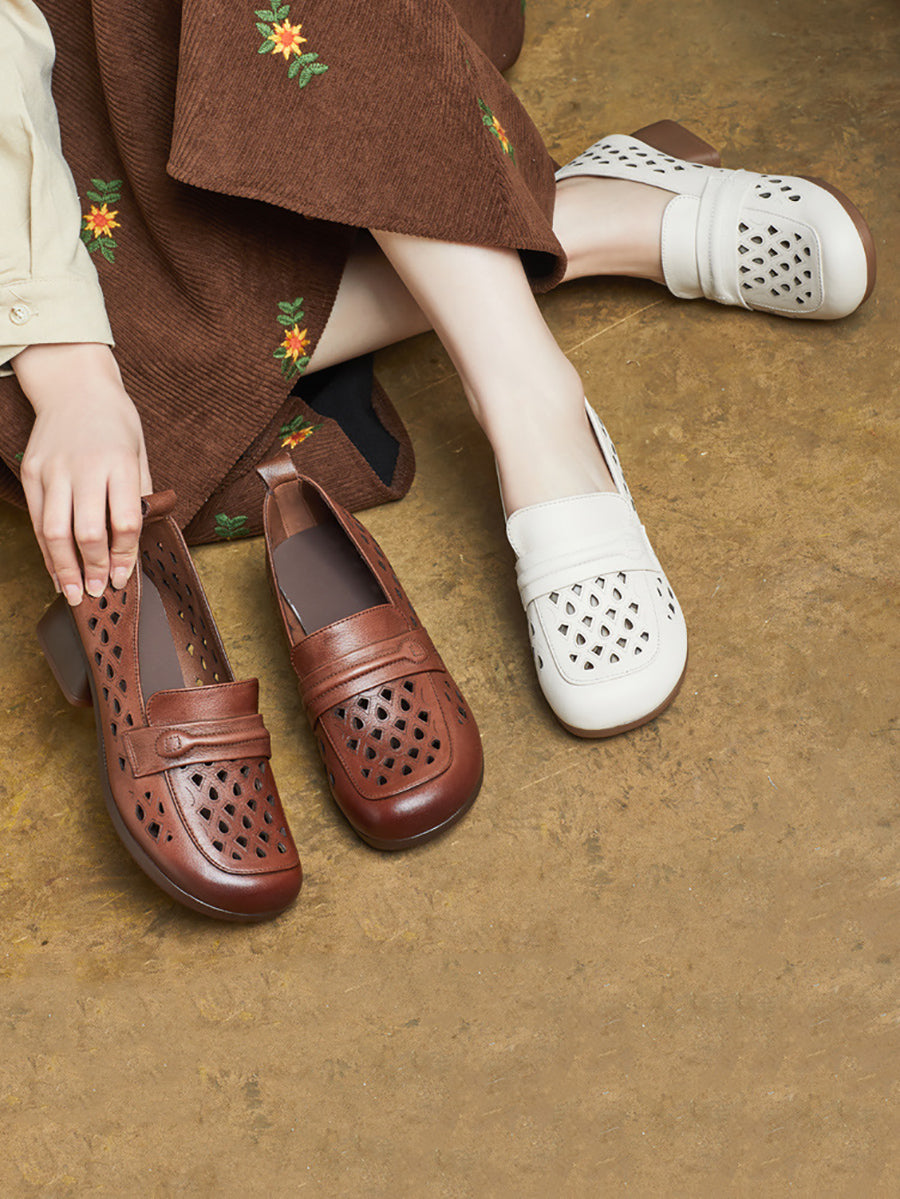 Women Summer Leather Hollow Out Mid Heel Shoes