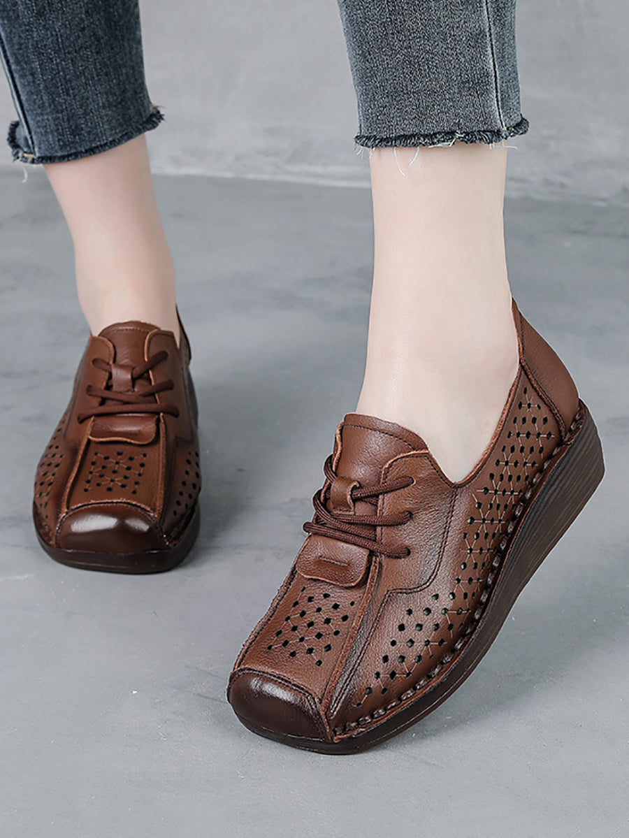 Women Vintage Genuine Leather Hollow Out Platform Shoes