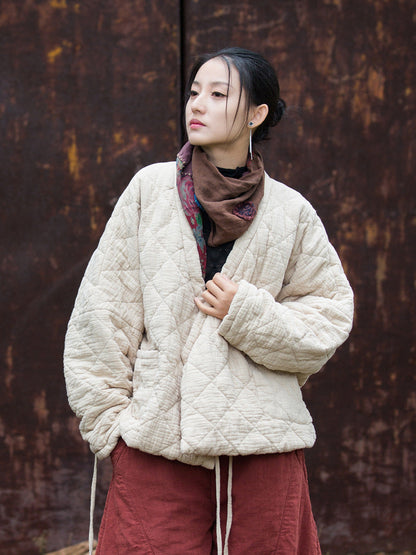 Women Winter Artsy Pure Color V-Neck Padded Coat
