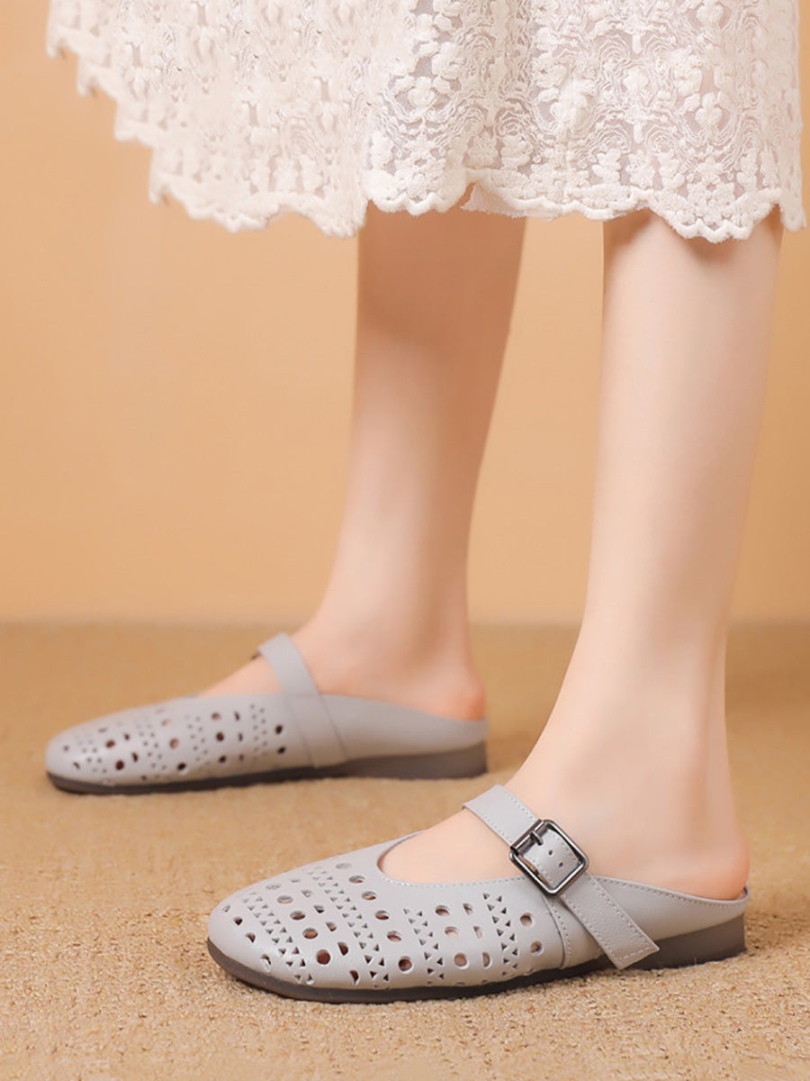 Women Casual Summer Genuine Leather Low Heel Slippers