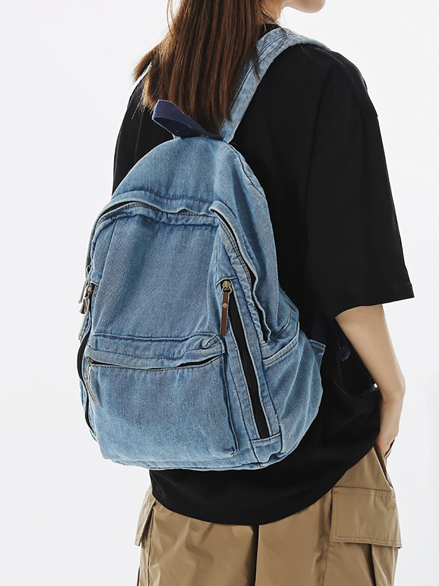 Women Casual Solid Large Capacity School Denim Backpack