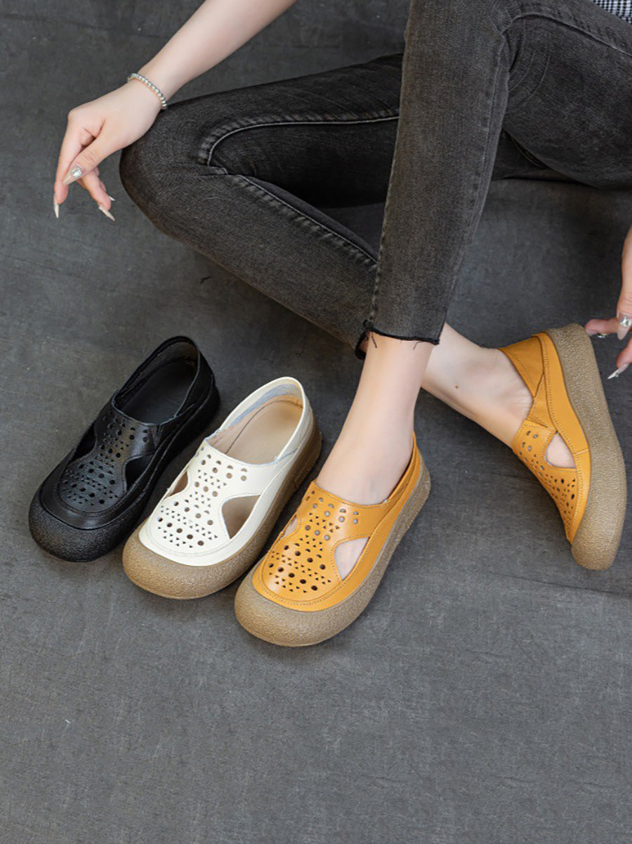 Women Summer Casual Hollow Out Leather Flat Shoes