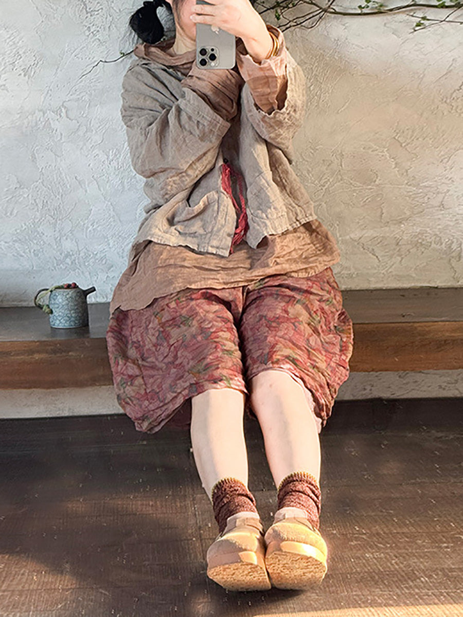 Plus Size Women Summer Vintage Linen Solid Button-up Hooded Shirt