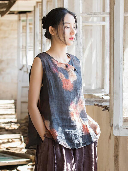 Women Summer Retro Flower Button Ramie Vest