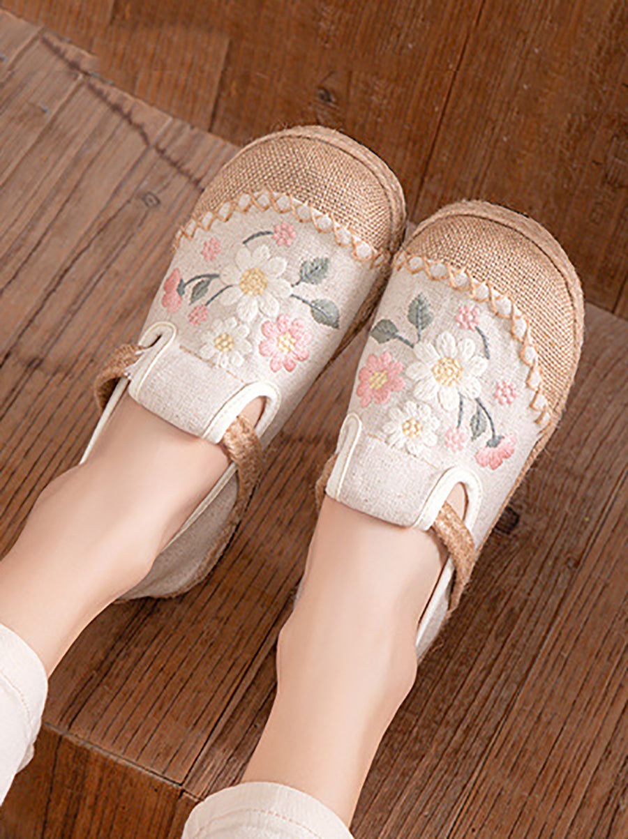 Women Ethnic Flower Embroidery Linen Flat Shoes