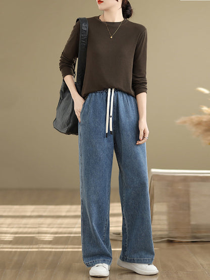 Plus Size Women Spring Casual Pure Color Denim Straight Pants