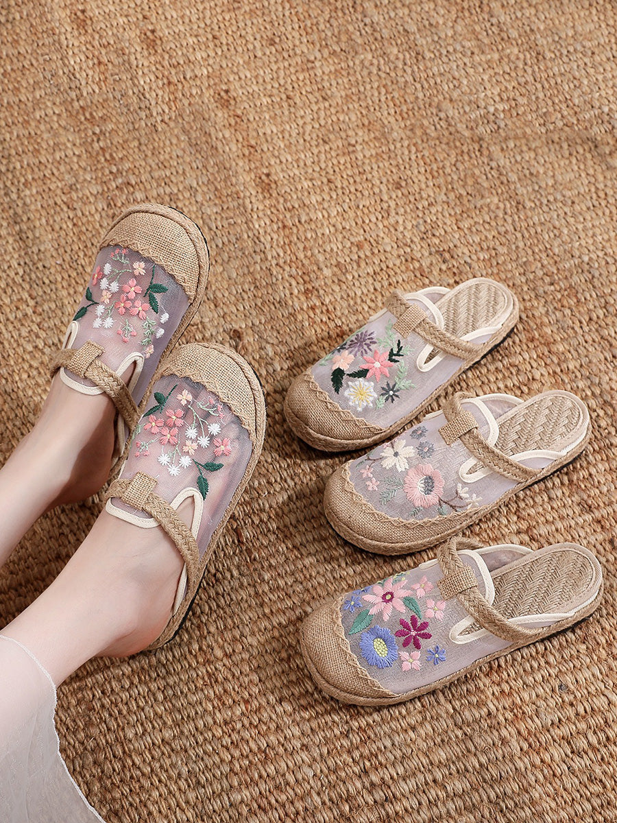 Women Summer Flower Embroidery Slippers