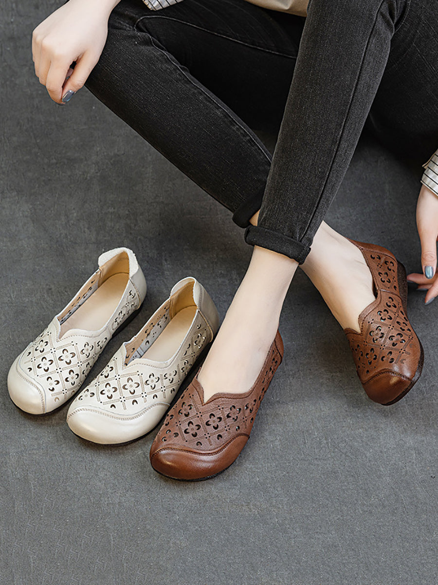 Women Soft Genuine Leather Hollow Out Low Heel Shoes