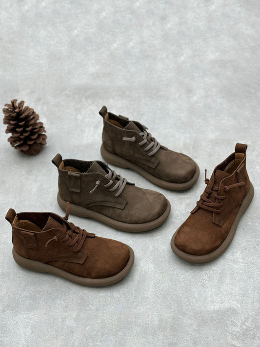 Women Vintage Genuine Leather Strap Low Heel Boots