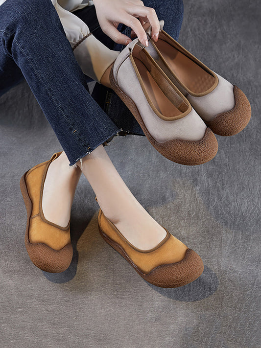 Women Summer Genuine Leather Colorblock Flat Shoes