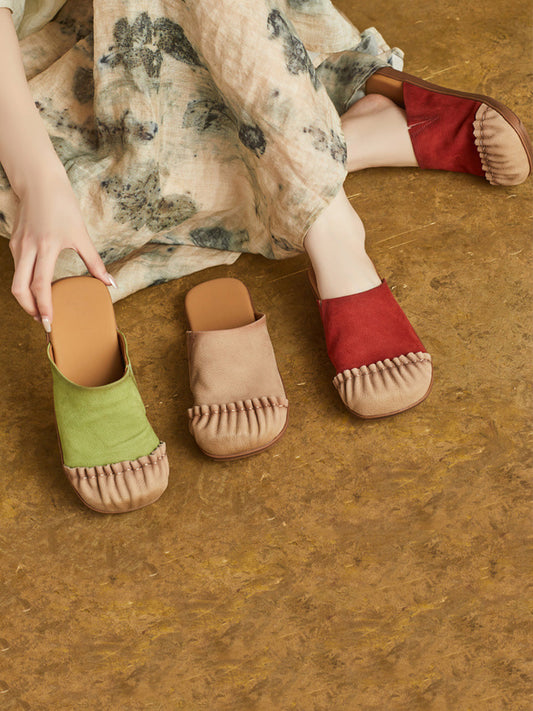 Women Casual Summer Pleated Genuine Leather Slippers