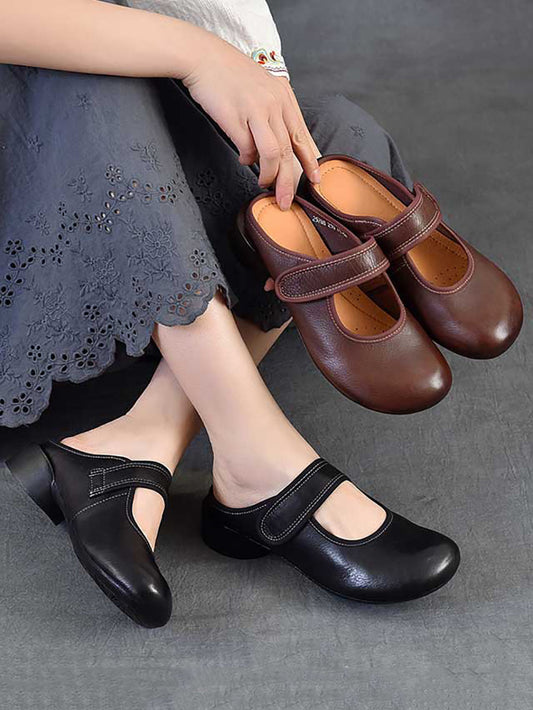 Women Artsy Genuine Leather Mary Jane Low Heel Slippers