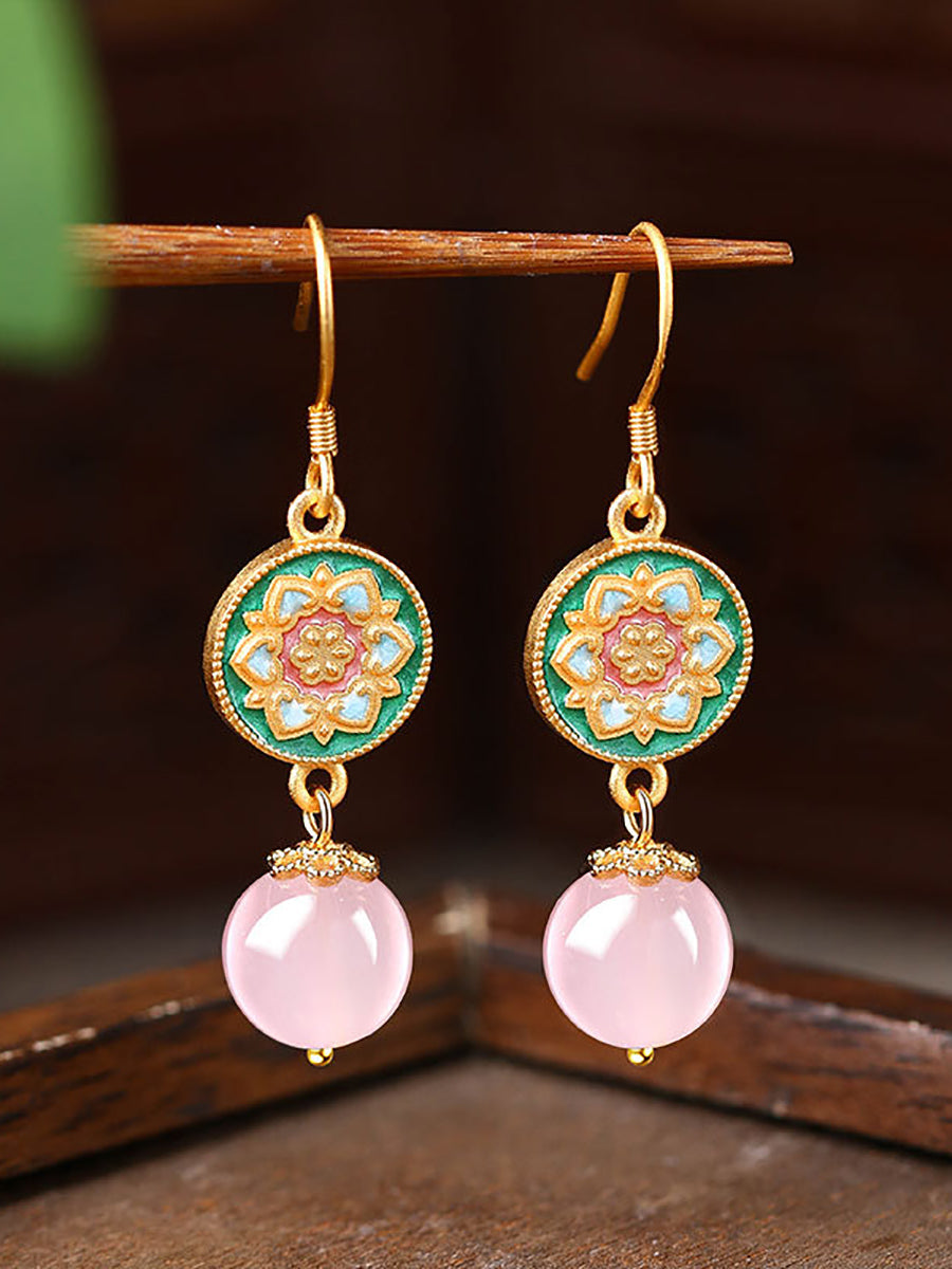 Women Ethnic Cloisonne Flower Jade Earrings