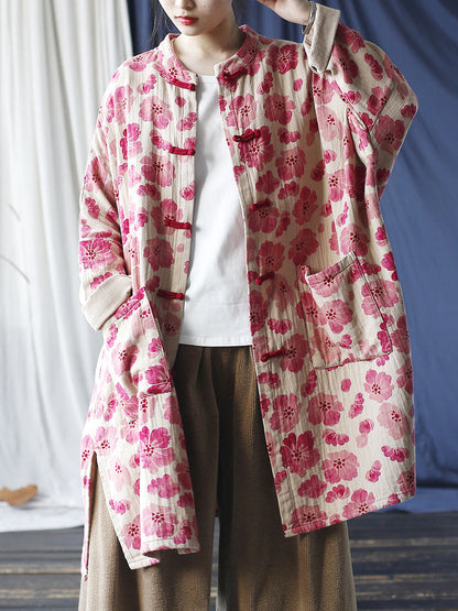Women Vintage Spring Flower Buckle Robe Long Shirt
