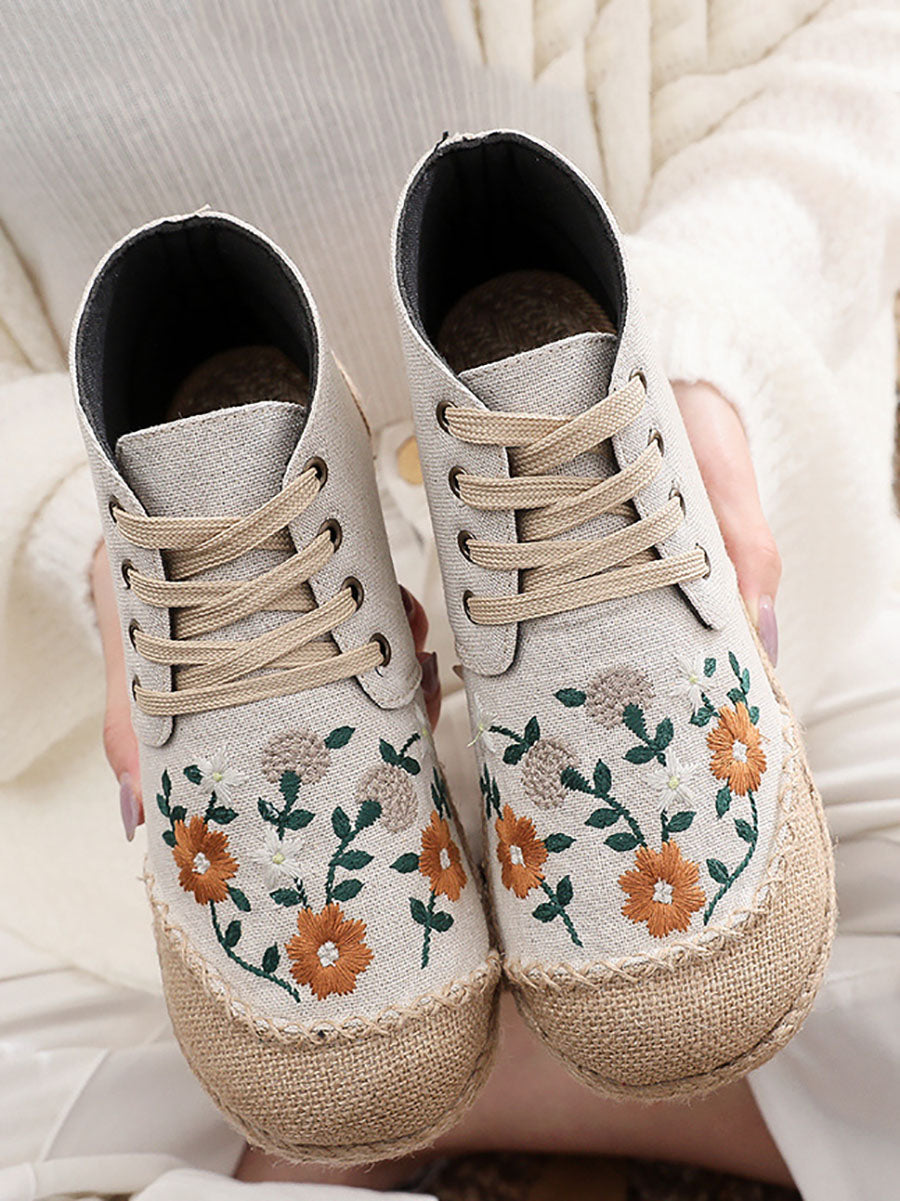 Women Autumn Ethnic Linen Embroidery Cloth Boots