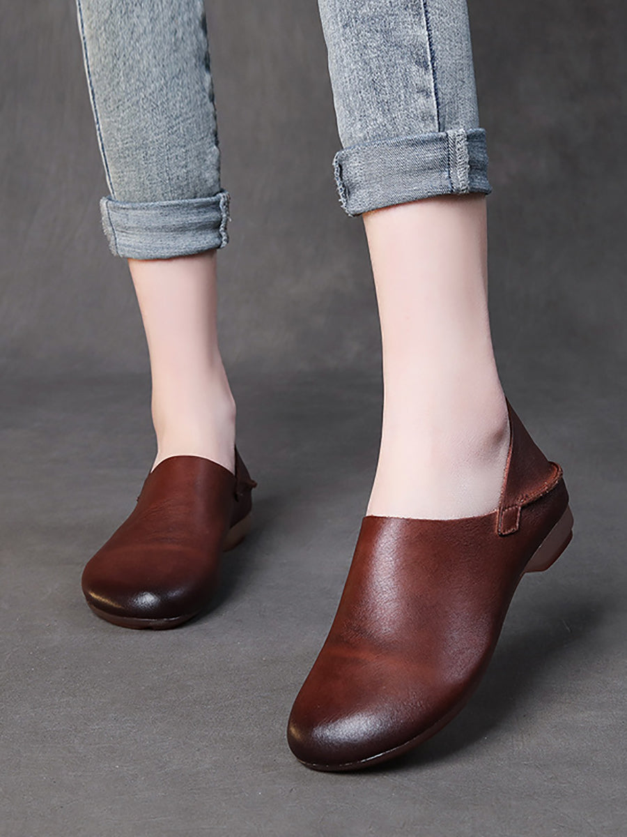 Women Retro Soft Leather Spliced Solid Low-Heel Shoes