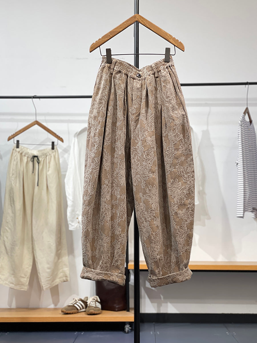 Plus Size Women Vintage Flower Jacquard Loose Pants