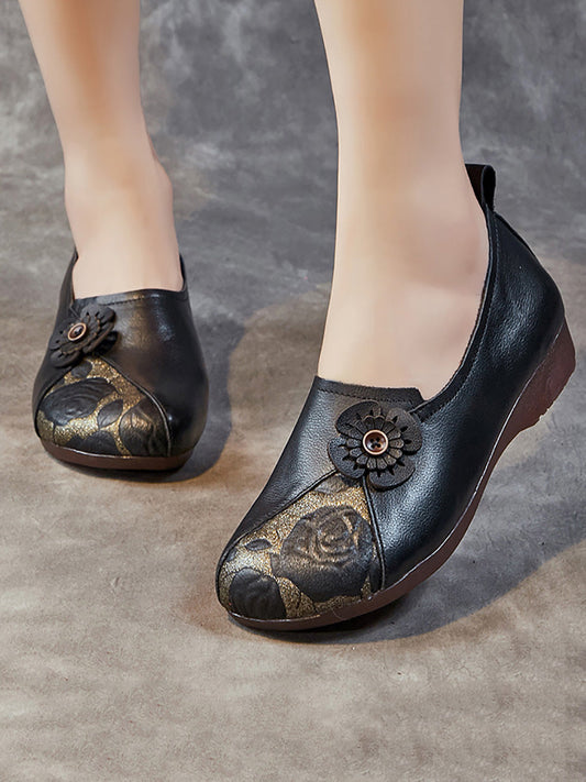 Women Retro Flower Leather Spliced Low Heel Shoes