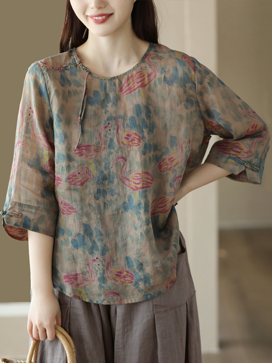 Women Vintage Summer Floral Frog Pullover Linen Shirt