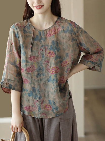 Women Vintage Summer Floral Frog Pullover Linen Shirt