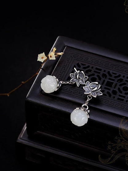 Women Vintage Allot Lotus Jade Earrings