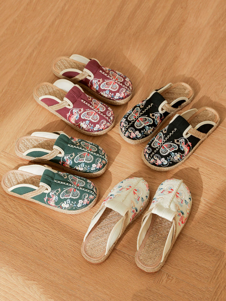 Women Ethnic Summer Butterfly Embroidery Linen Slippers