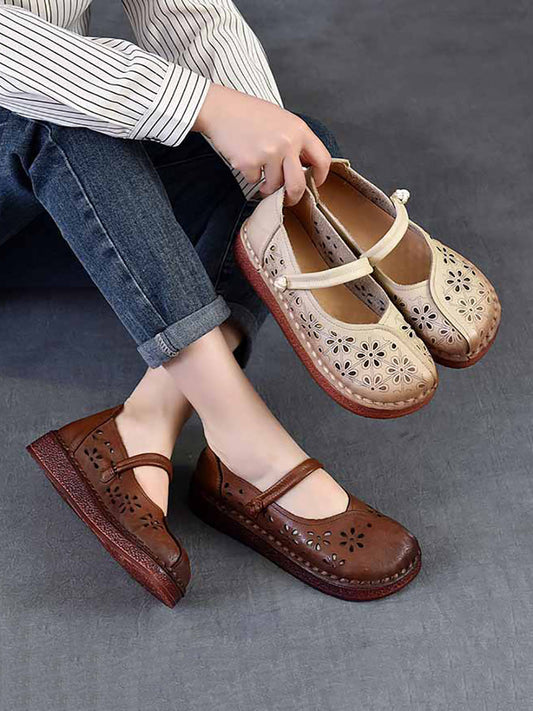 Women Vintage Leather Flower Hollow Out Low Heel Shoes