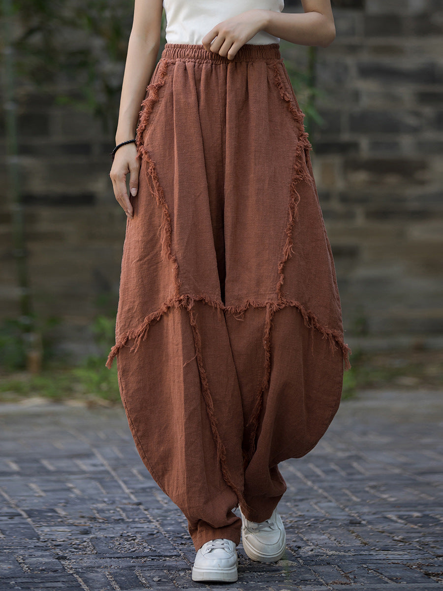 Women Summer Worn Raw-edge Ramie Harem Pants
