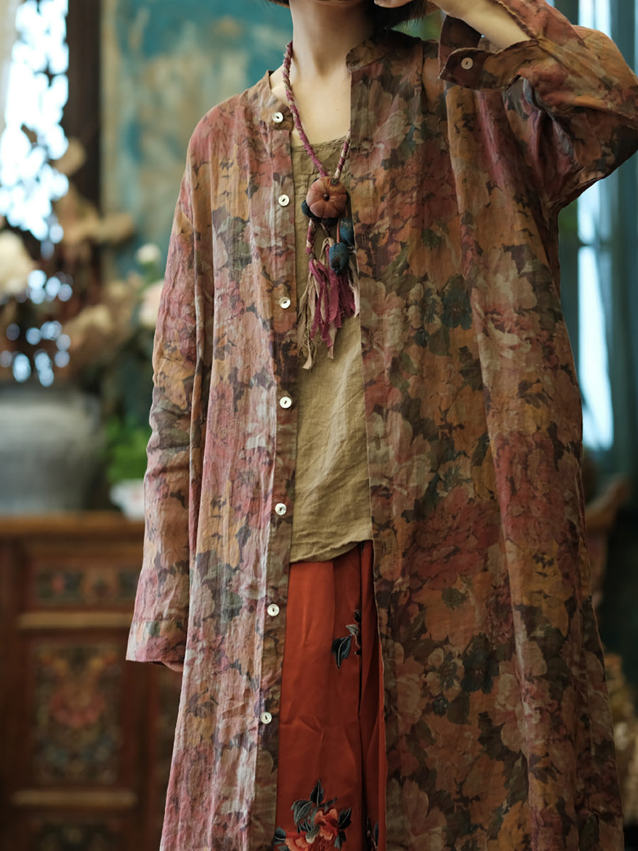 Women Vintage Floral Retro Ramie Button-up Long Shirt