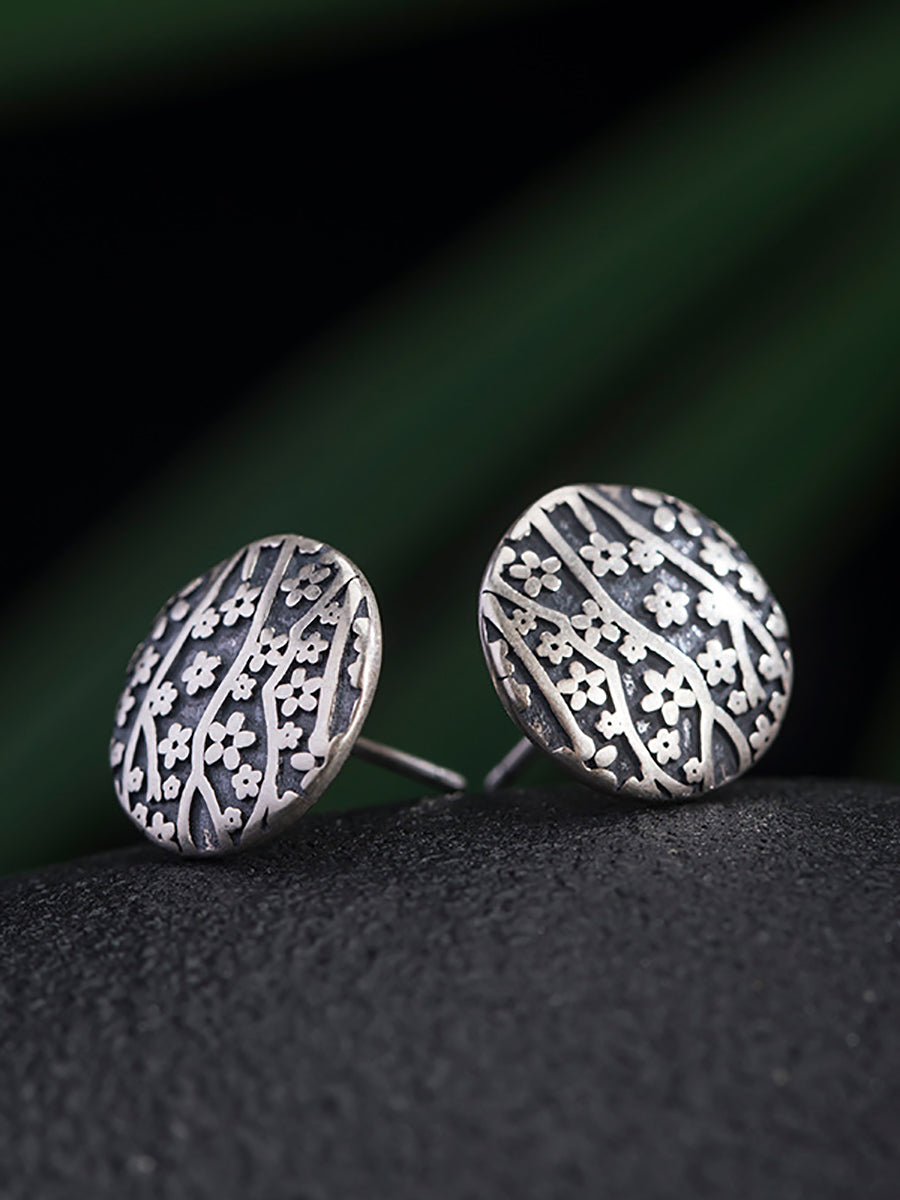 Women Vintage Silver Flower Carve Round Earrings