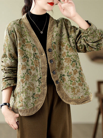 Plus Size Women Retro Floral Spliced V-Neck Padded Jacket